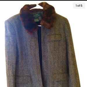 Vintage Lauren Ralph Lauren Wool Jacket with Faux Fur Collar Size 10P Grey